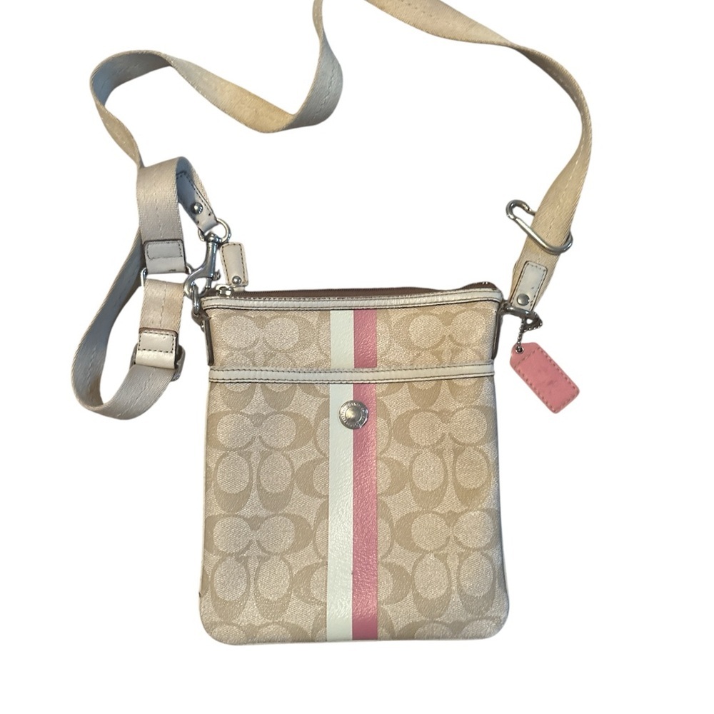 Coach Beige Signature Crossbody with Pink & Cream Center Stripe